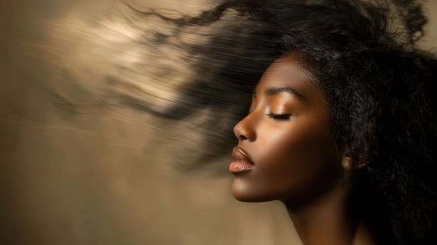 A beautiful young woman with her hair blowing in the wind photo