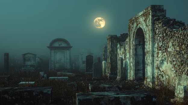 A graveyard with tombstones and a full moon photo