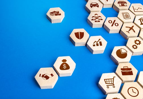Hexagonal shapes with business attributes are collected into a single structure. The recipe for a successful business model. Make a new company. Management and development. Turquoise paradigm photo