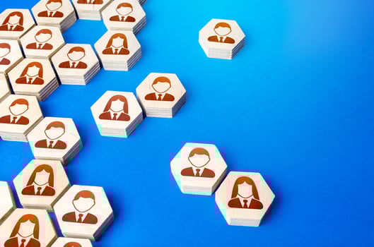 Heterogeneous social structure of employee hexagons. Recruiting and personnel management. Process of creating a business single group hierarchy or company fall apart. Cooperation. Strength is in unity photo