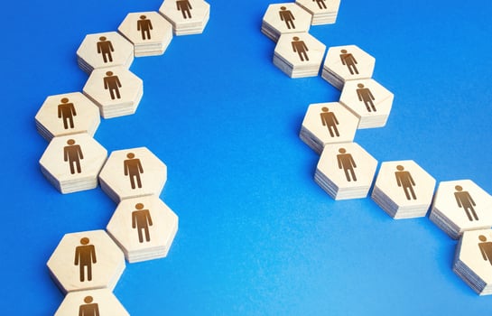 Chains of connected people. Communication. Cooperation, collaboration. Chain reaction, spread of information and rumors exchange. Partnership, unity, assistance. Interaction of persons. photo