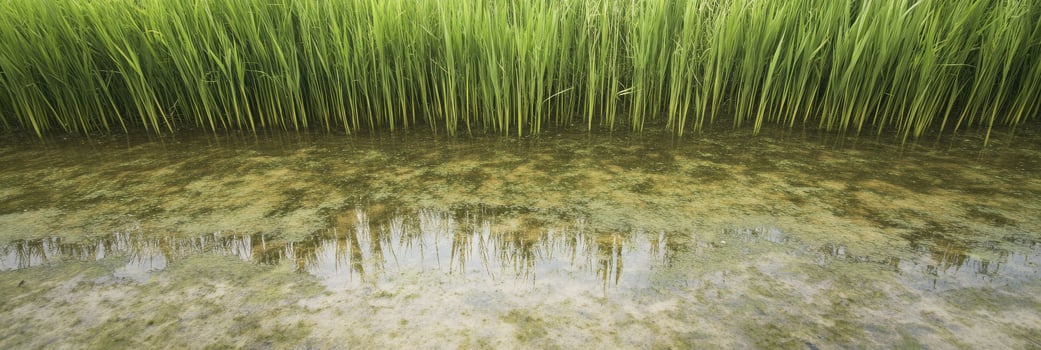 Lush green grass reflected in calm water creating a natural abstract design photo