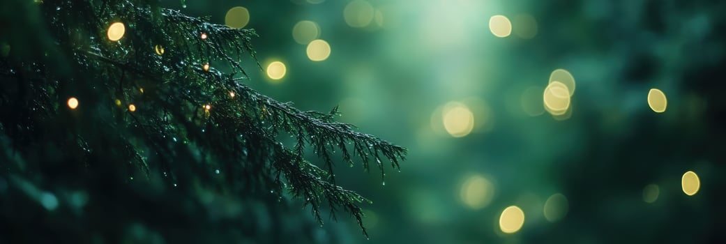 Enchanting forest with dew-covered pine branches and soft light bokeh effect photo