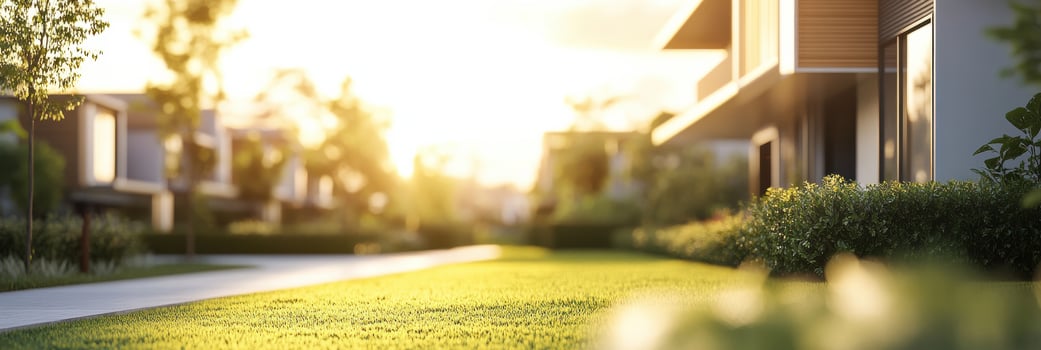 Residential neighborhood with modern houses and lush green lawns at sunrise photo