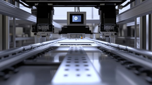 An image of a stateoftheart robotic inspection system equipped with cameras and sensors meticulously scanning products for quality assurance on a sleek metallic assembly line photo