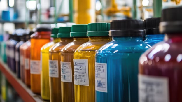 A closeup of labels on different containers filled with liquid solvents for reuse emphasizing safety and proper handling while highlighting waste reduction practices in a chemical photo