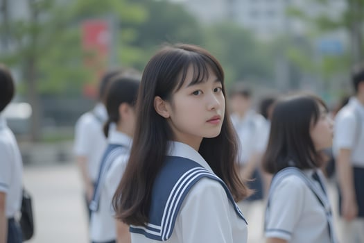 A young Asian girl with long black hair and a school uniform, featuring a white top with a blue collar. She has a neutral expression and is looking back over her shoulder photo