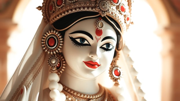 close-up of an ornate white figurine with gold and red jewelry photo