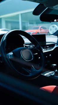 close-up view of a modern car's black leather steering wheel in a showroom photo