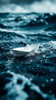 small white paper boat floats on dark blue water photo