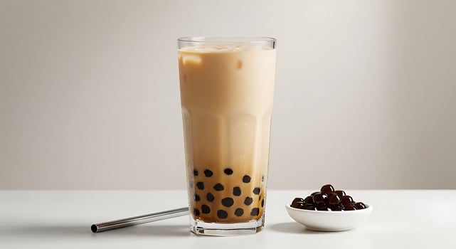 Iced Boba Milk Tea in a Glass, Ready to Sip photo