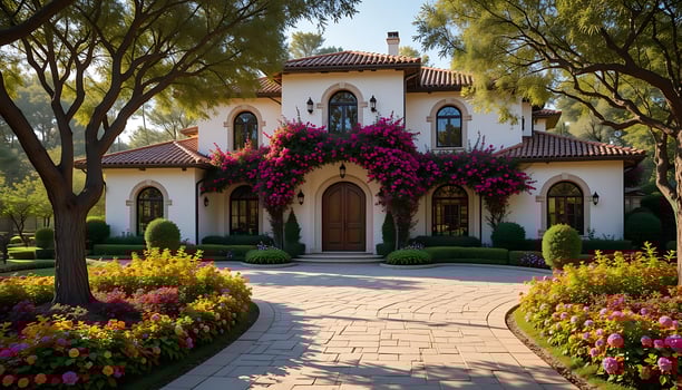 Mediterranean-Style Home with Lush Landscaping photo