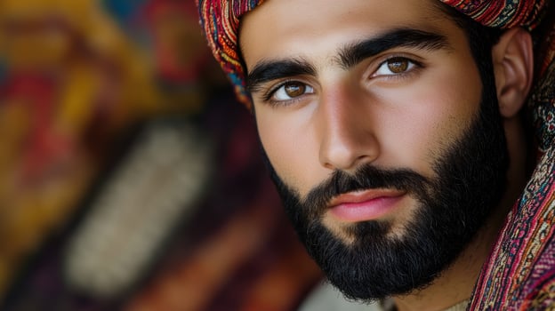 Dignified Portrait of a Young Middle Eastern Man with Beard in Traditional Clothing with Smooth Colorful Background photo