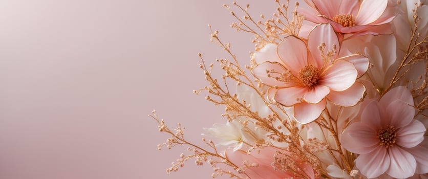 Delicate floral frame in gold and pink tones on a soft pastel pink background photo