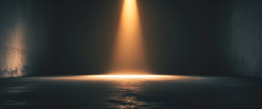 lone beam of light shining through a dark room symbolizing hope and resilience amidst chaos with caption space on the side. photo
