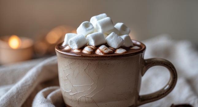 Warm Hot Chocolate with Marshmallows in Rustic Mug. photo