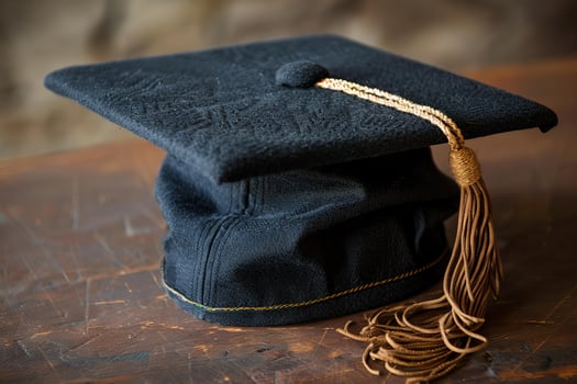 Black graduation cap sitting on a wooden surface photo