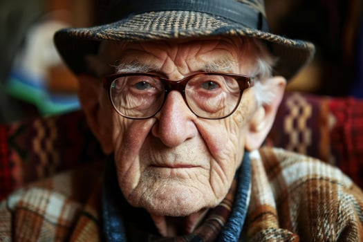 Portrait of an elderly man wearing a hat and glasses looking pensively at the camera photo