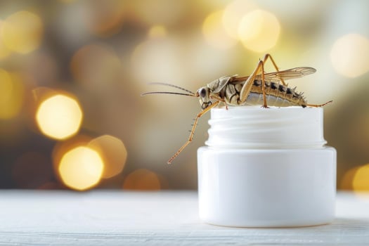 Grasshopper perched on a skincare cream jar, exploring the future of beauty and sustainable cosmetics photo
