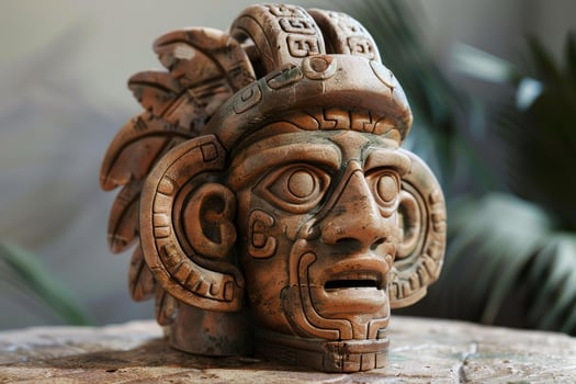 Mayan head sculpture depicting god with headdress photo