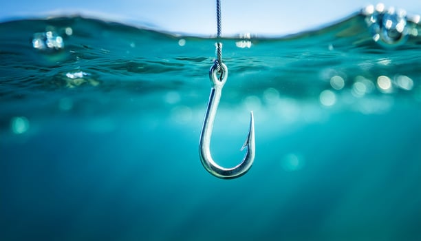 Fishing hook on string underwater. Clear sea or ocean water background. photo