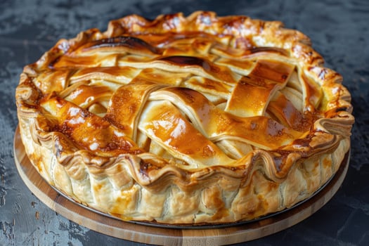 Delicious golden brown apple pie resting on wooden plate photo