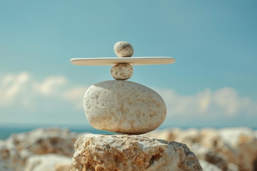 White pebbles balancing perfectly on a rocky beach with blue sky photo