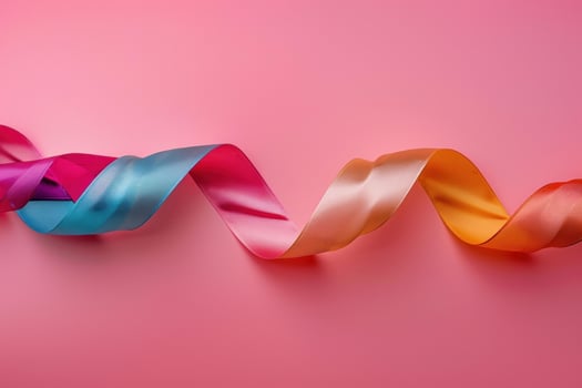 Colorful ribbon making spirals on pink background photo