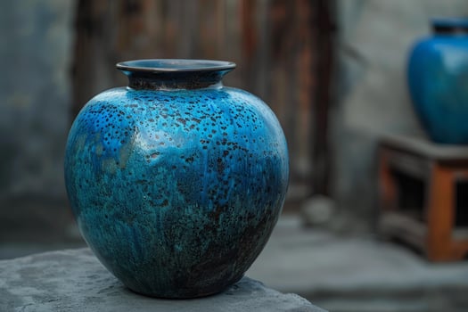 Blue ceramic vase standing on stone surface photo