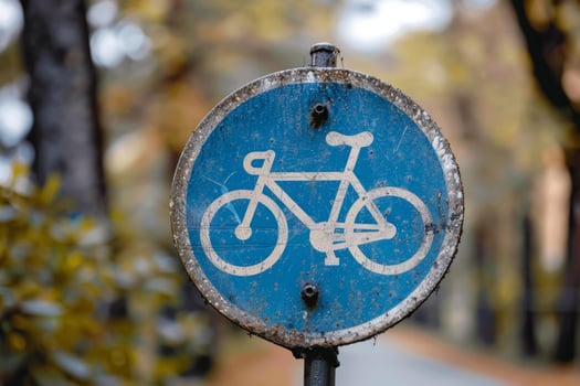 Old weathered bicycle sign indicating bike route photo