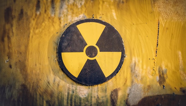 Warning radioactive symbol. Aged yellow background. photo
