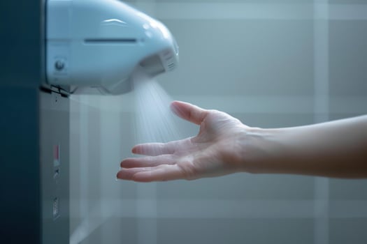 Woman drying hands using modern electric hand dryer in public bathroom photo