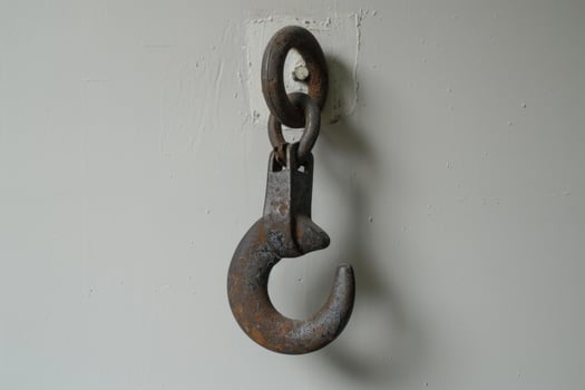 Rusty metal hook hanging on white wall photo
