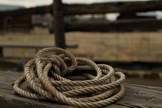 Old rope resting on wooden beam in ranch setting photo