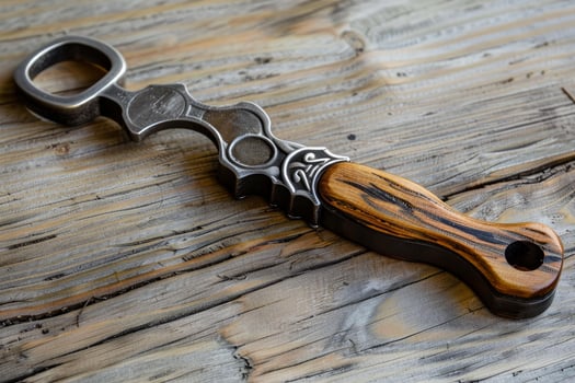 Unique push dagger with wooden handle resting on wooden surface photo