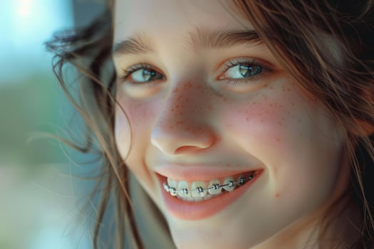 Portrait of smiling teen girl with braces showing teeth photo
