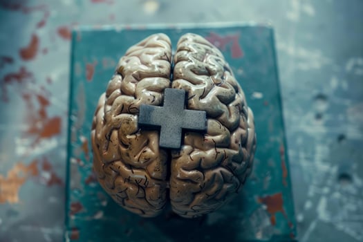 Brain model with plus sign representing mental health and well being photo
