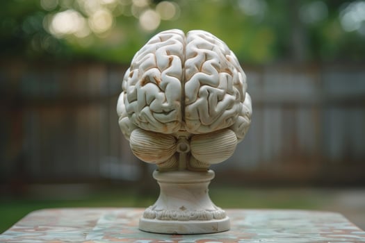 White anatomical model of human brain resting on pedestal outdoors photo