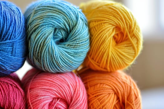 Colorful yarn balls stacked creating a warm and cozy atmosphere photo