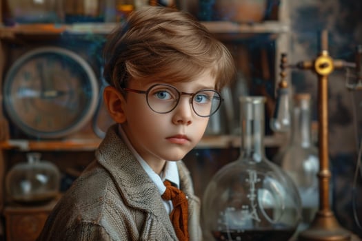 Little scientist exploring the wonders of science in his vintage laboratory photo