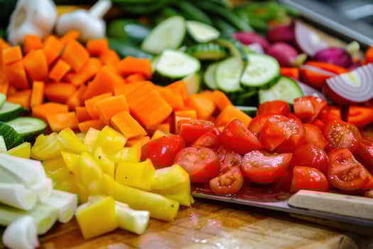 Chef chopping fresh vegetables on wooden cutting board photo