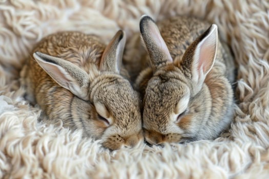 Two adorable baby rabbits sleeping peacefully on soft blanket photo