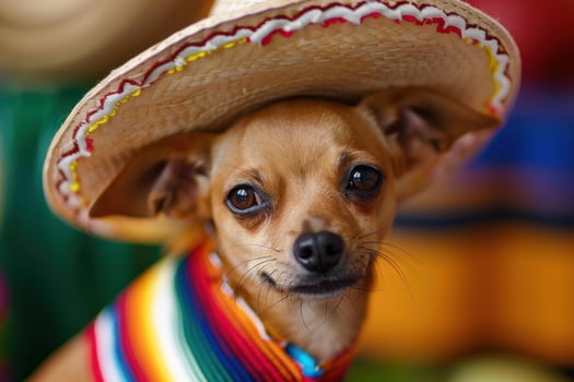 Small chihuahua dog wearing traditional mexican sombrero and colorful poncho photo