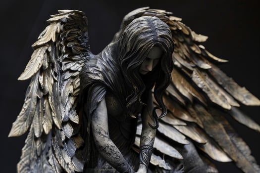 Fallen angel statue holding sword with golden wings on dark background photo