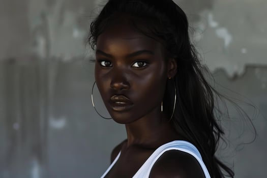 Fashion model posing with gold lipstick and hoop earrings photo