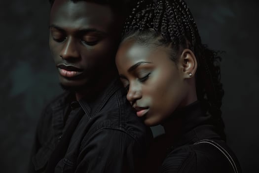 Young couple wearing black posing with closed eyes photo