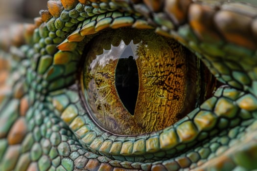 Reptile eye showing vertical pupil gazing into wilderness photo