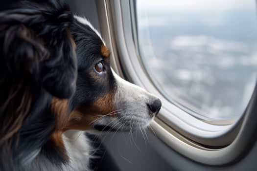 Curious dog looking out airplane window during flight photo
