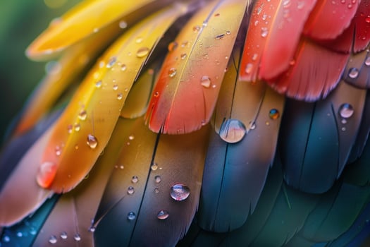 Colorful bird feathers showing tiny water drops after rain photo