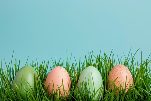 Colorful easter eggs hiding in green grass blades on light blue background photo